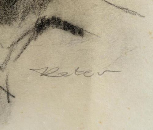 Null 有签名的《一个人的肖像》，炭笔画，22 x 16厘米。