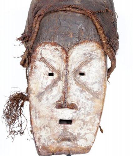 Null African wooden mask with raffia, Fang, Gabon, h.93 cm