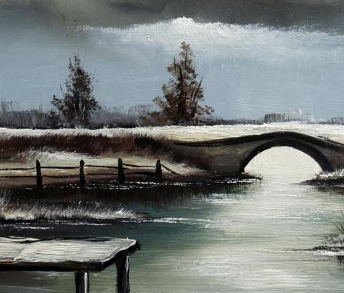 Null 波尔德，有桥的风景，油画板，40 x 30厘米。