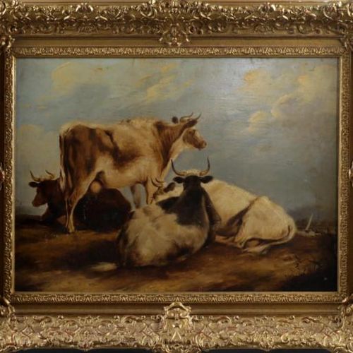 Null 无名氏，有牛和公牛的风景，油画板，36 x 50厘米。