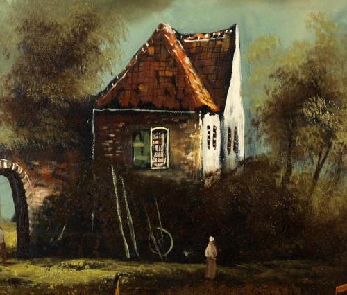 Null Unknown master, House with boat along the water, oil on canvas, 60 x 90 cm