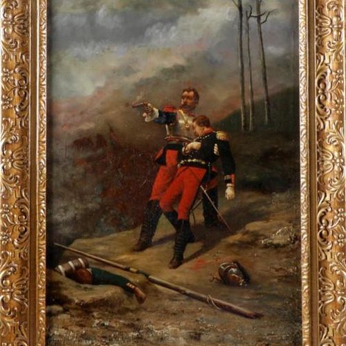 Null Maestro sconosciuto, soldati in guerra, olio su tela, 52 x 37 cm