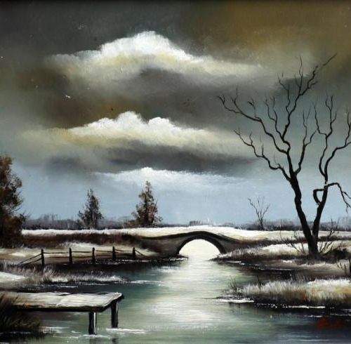 Null Bordes, Paysage avec pont, huile sur panneau, 40 x 30 cm.