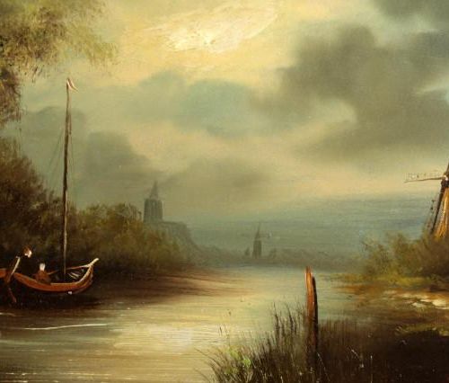 Null Unbekannter Meister, Haus mit Boot am Wasser, Öl auf Leinwand, 60 x 90 cm