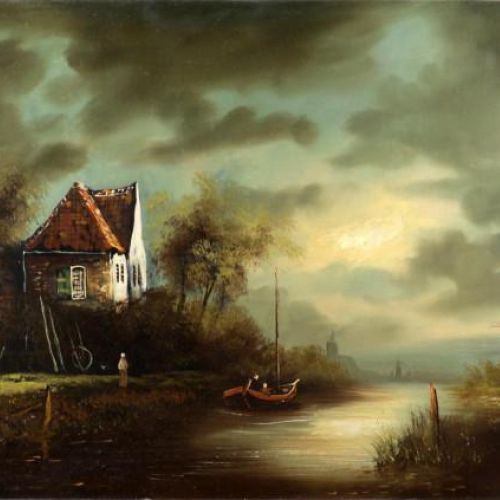 Null Maestro sconosciuto, Casa con barca sull'acqua, olio su tela, 60 x 90 cm