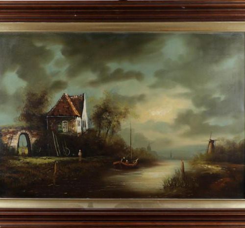 Null Unbekannter Meister, Haus mit Boot am Wasser, Öl auf Leinwand, 60 x 90 cm