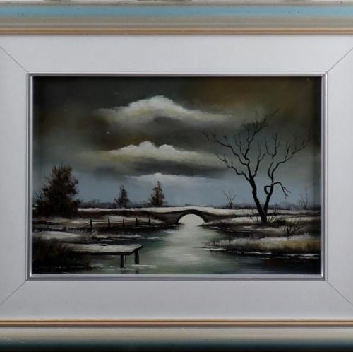 Null 波尔德，有桥的风景，油画板，40 x 30厘米。