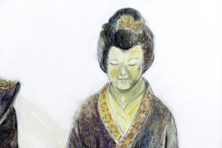 Null Onb.Meester, Japanse man en vrouw in interieur, potloodtekening, 42 x 35 cm&hellip;