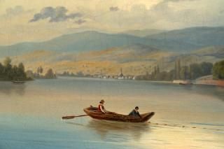 Null Georg L. Schmitz (tedesco, 1851-1917), Paesaggio fluviale con un villaggio &hellip;