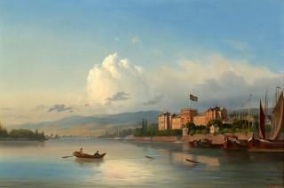 Null Georg L. Schmitz (德国 1851-1917), 河流风景，俯瞰一个村庄和一艘载人的船，布面油画，日期为1859年，44 x 67厘米&hellip;