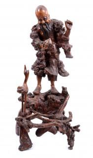 Null Sculpture chinoise ancienne en racine d'arbre représentant un homme et un o&hellip;