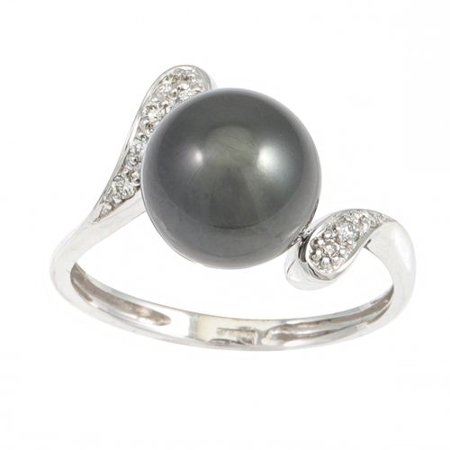 Null 黑珍珠戒指，扭动钻石肩部，9ct白金镶嵌，尺寸N