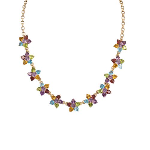 Null 多宝石项链，由紫水晶、黄水晶、橄榄石和黄宝石组成的星形宝石群，配以9K金背链。