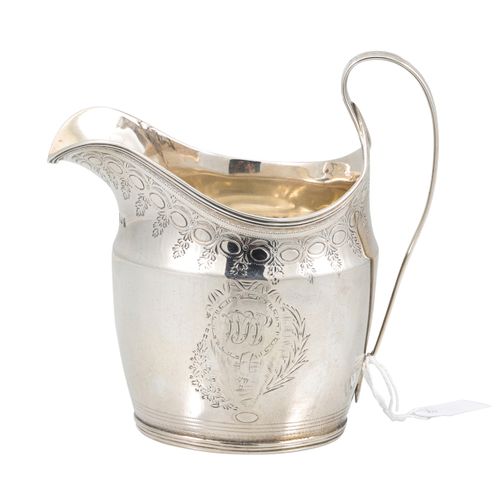 Null A GEORGE III SILVER CREAM JUG, with engraved decoration, London 1795, (130 &hellip;
