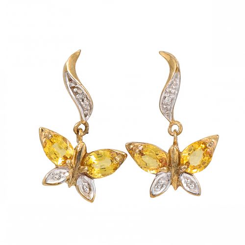 Null A PAIR OF CITRINE DROP EARRINGS, modelled as butterflies, mounted in gold
