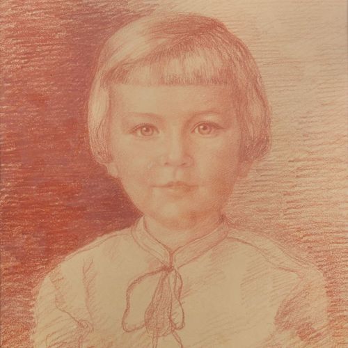 Null 艺术家（20世纪）。 
"一个女孩的肖像"，纸上红色粉笔，难以辨认的签名Kurt Mantner (?)，37 x 31厘米，玻璃框内