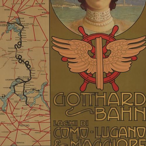 Null Manifesto / litografia, "Gotthard Bahn", Art Nouveau, Svizzera, 1903, stamp&hellip;