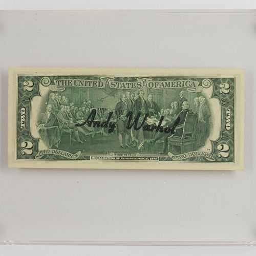Null 沃霍尔，安迪（匹兹堡1928-1987年纽约）。
"2美元托马斯-杰斐逊"，纸币，有安迪-沃霍尔的签名，编号为F26716285A，15.5 x 6.&hellip;