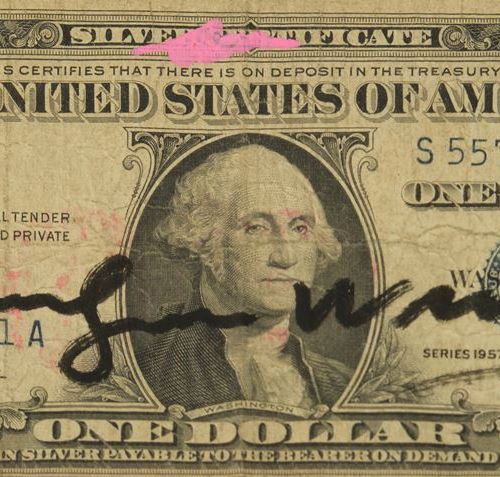 Null 沃霍尔，安迪（匹兹堡1928-1987年纽约）。 
"美元"，美元钞票，背面有签名和盖章，有证书，6.5 x 15厘米（PA），玻璃下有框架