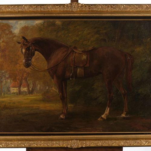 Null Maestro ignoto (XIX secolo), "Cavallo sellato", olio su tela, 77 x 102 cm, &hellip;