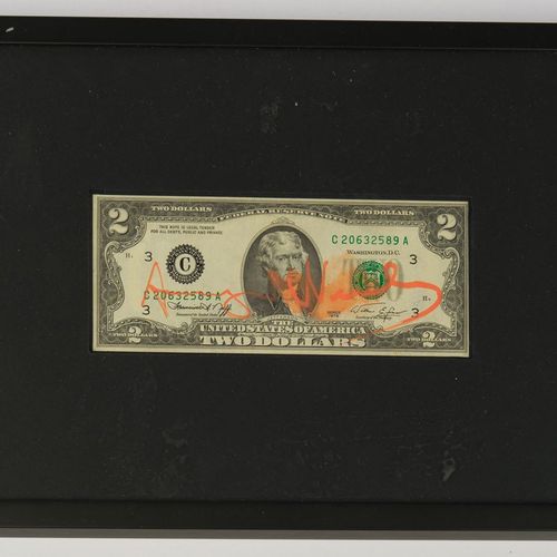 Null 沃霍尔，安迪（匹兹堡1928-1987年纽约）。 
"美元"，美元钞票，背面有签名和印章，6.5 x 15 cm (PA)，玻璃下有框架