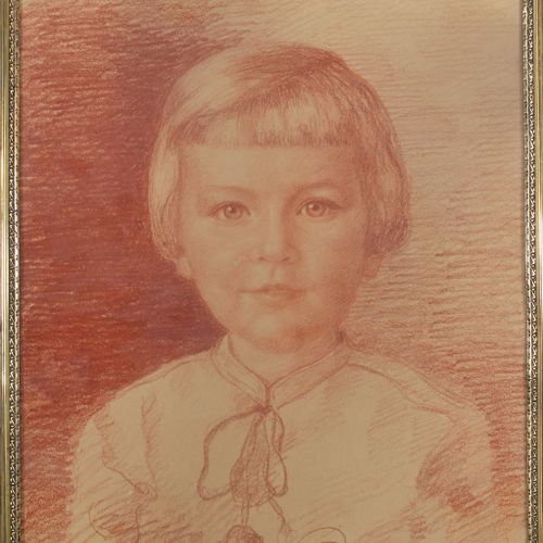 Null 艺术家（20世纪）。 
"一个女孩的肖像"，纸上红色粉笔，难以辨认的签名Kurt Mantner (?)，37 x 31厘米，玻璃框内
