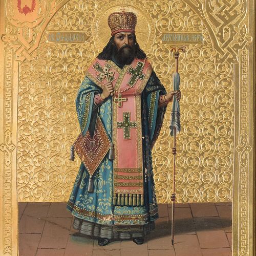 Null 圣狄奥多西巴勒斯坦大主教》圣像，木板上的蛋彩画，丰富的金色装饰，俄罗斯19世纪下半叶，27 x 22.5厘米