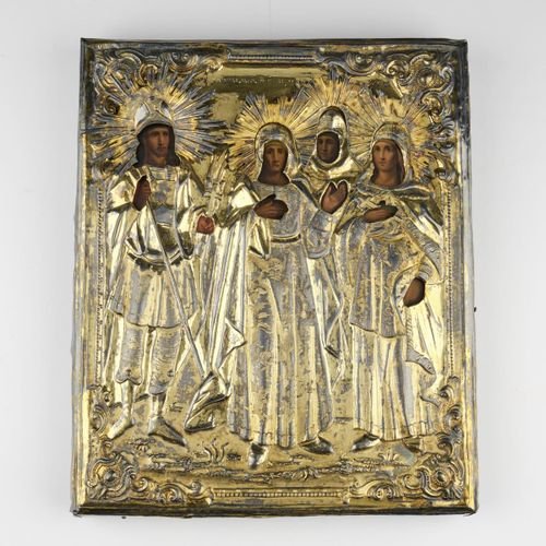 Null Ikone, "Vier Heilige", Tempera auf Holz, Oklad Silber, Russland, Mitte 19. &hellip;