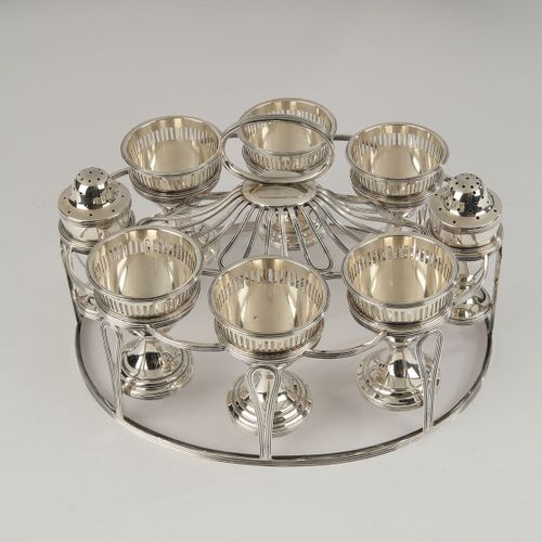 Null Egg cup set, silver plated, 20th c., unmarked, consisting of stand with car&hellip;