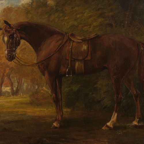 Null Unbekannter Meister (19. Jh.), "Gesatteltes Pferd", Öl auf Leinwand, 77 x 1&hellip;