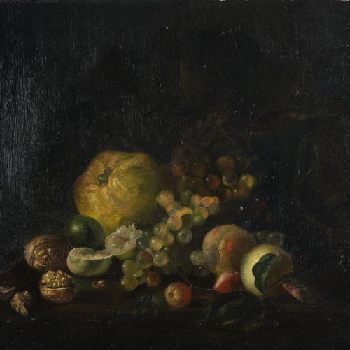 Null 静物画家（19/20世纪）。 
"核桃和葡萄的静物"，布面油画，50 x 65.5厘米，正面，画布上有几个小的损坏。