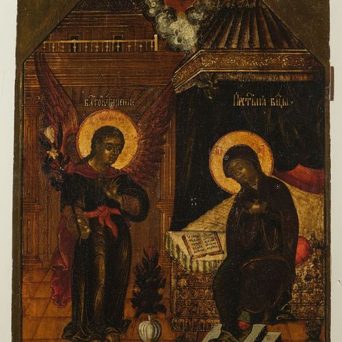 Null 圣像，"玛利亚的报喜"，俄罗斯，19世纪，木头上的钢笔画，44.5 x 35厘米