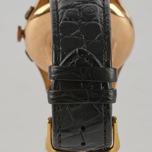 Null Chronographe Suisse，瑞士，20世纪50年代，计时码表，GG 750表壳，黑色表盘，更新的皮表带，据委托人说刚做过维修。