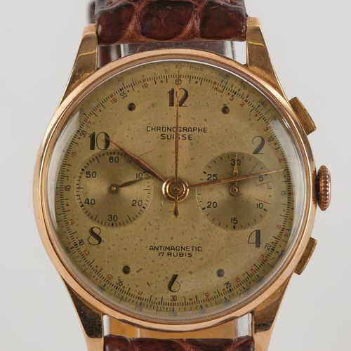 Null Chronographe Suisse，瑞士，20世纪50年代，计时码表，GG 750表壳，金色表盘，更新的皮表带，据托运人说刚做过维修。