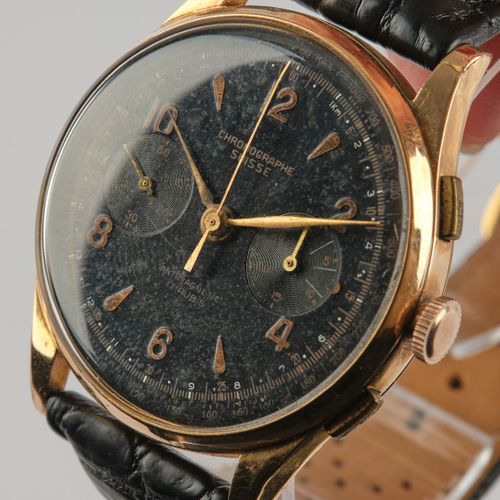 Null Chronographe Suisse，瑞士，20世纪50年代，计时码表，GG 750表壳，黑色表盘，更新的皮表带，据委托人说刚做过维修。