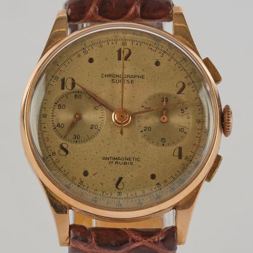 Null Chronographe Suisse，瑞士，20世纪50年代，计时码表，GG 750表壳，金色表盘，更新的皮表带，据托运人说刚做过维修。