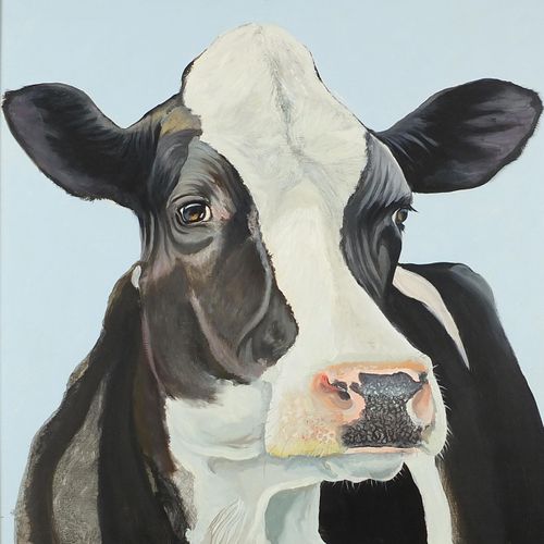 Null Clive Fredriksson - Friesian cow, oil on board, framed, 77cm x 74cm excludi&hellip;