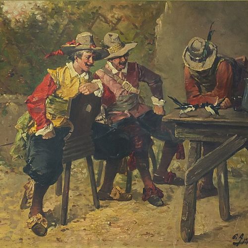 Null G Appert - Three Musketeers seated at a table with birds, French school oil&hellip;