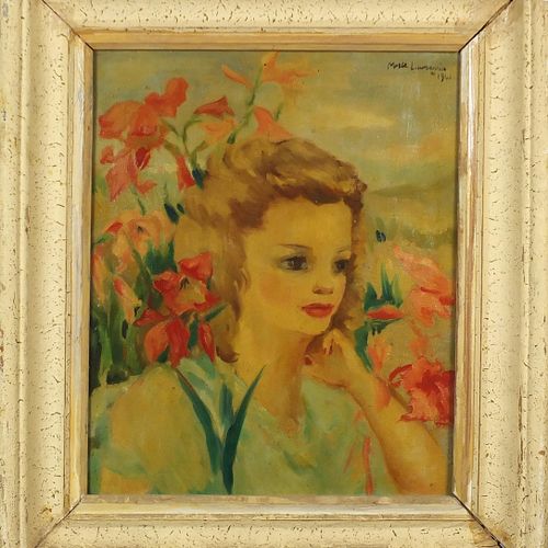 Null Dopo Marie Laurencin - Ritratto di donna tra i fiori, olio su tavola, monta&hellip;