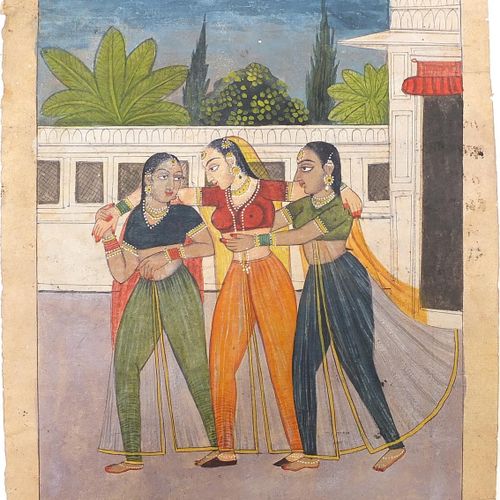 Null Queen with friends on a palace terrace, Indian Delhi Mugal school watercolo&hellip;