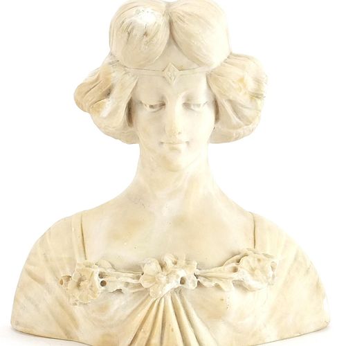 Null Buste italien antique en albâtre sculpté d'une jeune femme, 25cm de haut - &hellip;