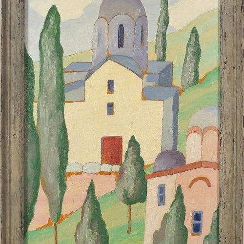 Null Cypress trees before a church, Greek school oil on board, framed, 40cm x 27&hellip;