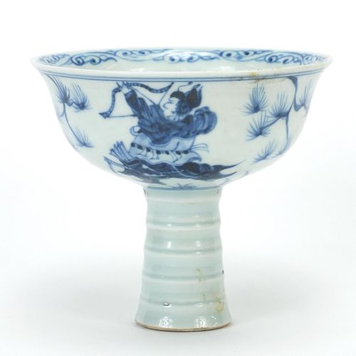 Null Chinese blue and white porcelain stem bowl hand painted with warriors, 11cm&hellip;