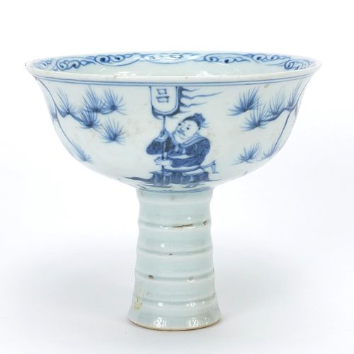 Null Chinesische blau-weiße Porzellanschale, handbemalt mit Kriegern, 11 cm hoch&hellip;