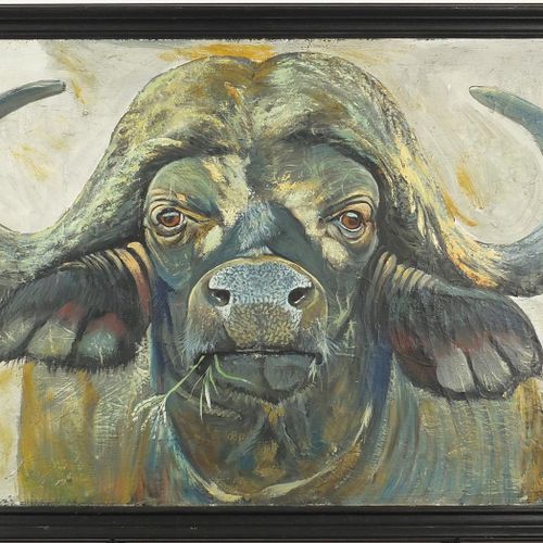 Null Clive Fredriksson - Portrait d'un buffle, huile sur toile, monté et encadré&hellip;