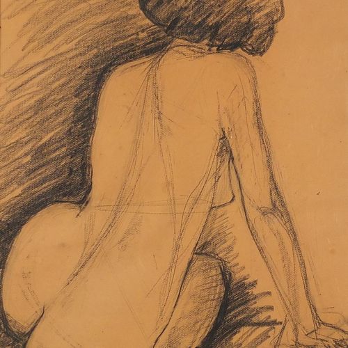 Null 坐着的女性裸体，意大利学校的木炭/康泰克蜡笔在水色纸上，有框架和釉面，61.5厘米 x 44厘米，不包括框架 - 实时竞价请访问 www.Eastbo&hellip;