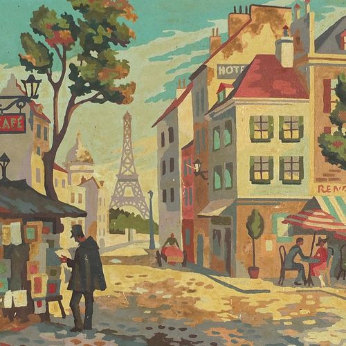 Null Escena callejera parisina con figuras ante la Torre Eiffel, óleo sobre tabl&hellip;