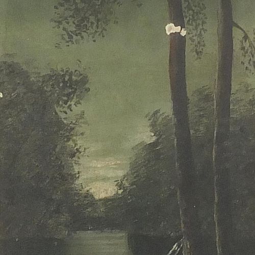 Null 有树的河流风景，板上油彩，已装裱和装框，60cm x 22cm，不包括装裱和装框 - 实时竞拍请访问www.Eastbourneauction.Com