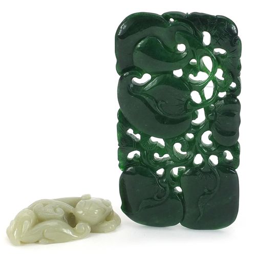 Null Large Chinese green jade pendant carved with fruit and a celadon jade carvi&hellip;