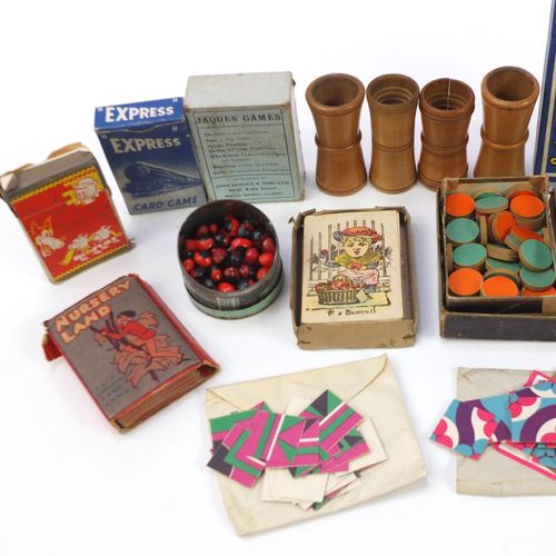Null Collection of vintage toys including playing cards, dice shakers, puzzles, &hellip;